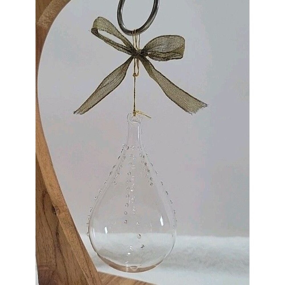 Hand Blown Glass Ornament Teardrop Shape Clear Drops Bubbles 4"